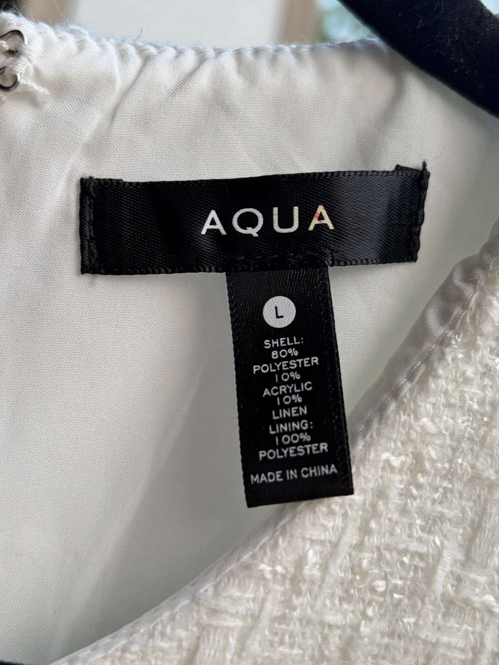 🆕🥥AQUA NWT White Tweed Mini Shift Dress Pearl Gold Buttons Pockets Size L Office - Picture 15 of 17